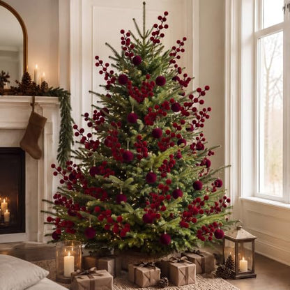 60 Pcs Burgundy Christmas Holly Berry Stems - 8 Inch / Holiday Decor