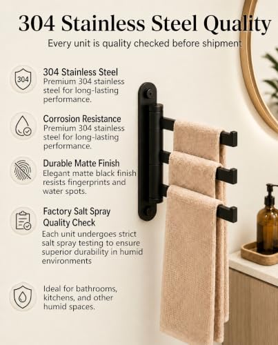 Wall Mount Swivel Hook with 3 Arms - Matte Black Stainless Steel, 25Lb Support