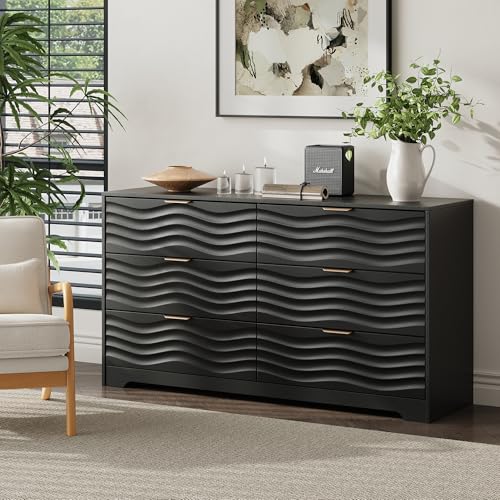 MALOL 48" Wide Coastline Fluted 6-Drawer Dresser – Black
