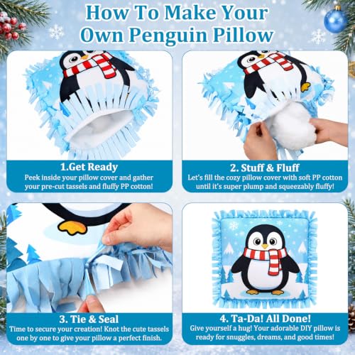 Penguin Pillow Craft Kit - No Sew Fleece Tie Pillows with Stuffing - 6 Sets