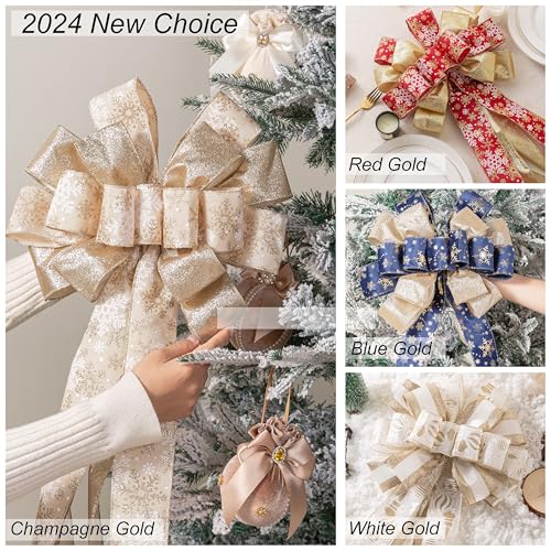 Christmas Tree Topper Bow with Glitter Satin Mesh and Patterned Ribbon - Blue Golden, 40x13 Inches