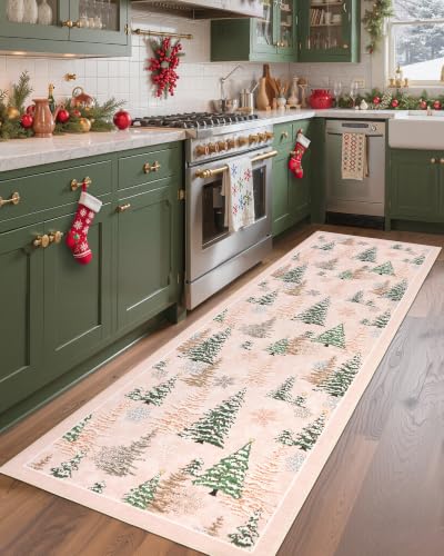 Christmas Runner Rug Pink 2ft x 6ft Washable Hallway Area Rug - Festive Non Slip Mat