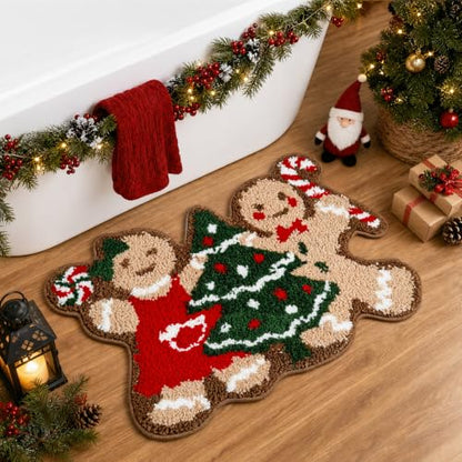 Christmas Bathroom Rug - Cute Gingerbread Bath Mat 16x24 Inches - Red Green Variation