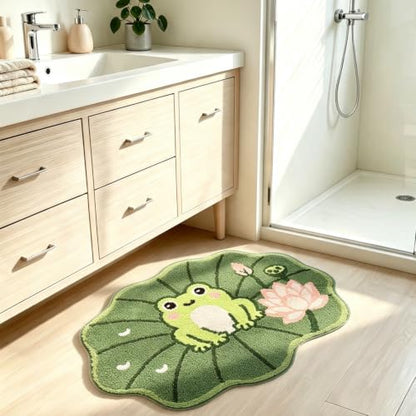 Frog Bath Mat 24x32 Inch, Cute Lotus Leaf Bathroom Rug, Green, Non Slip