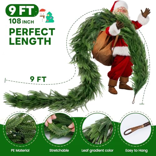 Green 9FT Artificial Norfolk Pine Garland with Lights - Pre-Lit Christmas Decor