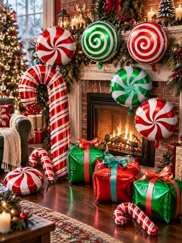 HTZNHXT 64Pcs Christmas Foil Candy Cane Balloon Kit - Mylar Holiday Decor