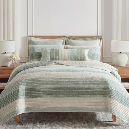 King Quilt Reversible Cotton Sand Stripes Sage Bedding 106x92in - Coastal Style