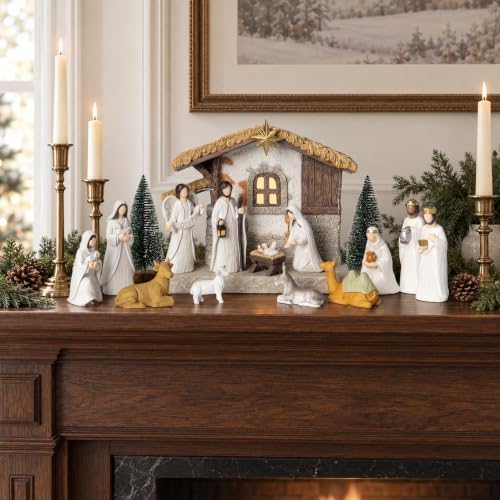 Christmas Nativity Set with Lighted Stable - 17 Pcs Religious Holiday Decor