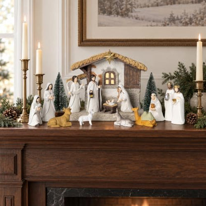 Christmas Nativity Set with Lighted Stable - 17 Pcs Religious Holiday Decor
