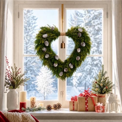 Green Heart Shaped Christmas Wreath with Gold Bells - 22 Inch Holiday Decor