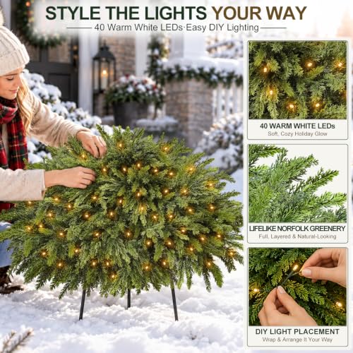 2 Pack 28-Inch Artificial Cedar Tree Urn Filler with Warm White LED Lights