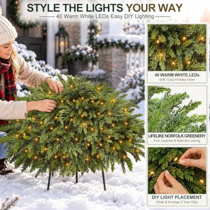 2 Pack 28-Inch Artificial Cedar Tree Urn Filler with Warm White LED Lights