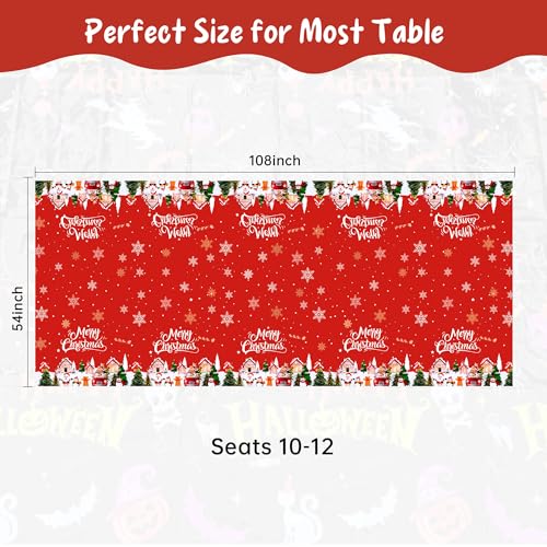 Christmas Tablecloths 3 Pack - Red Festive Plastic Covers with Santa & Snowflakes