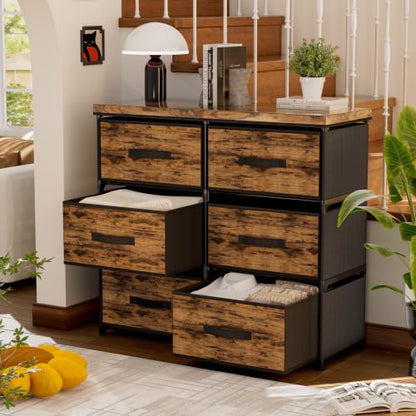 Dresser 6 Fabric Large Drawer Stand with Leather Top - Brown Variation