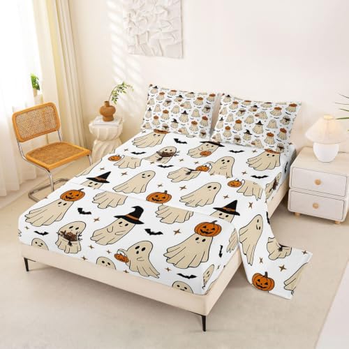 Beige Full Bed Sheets Set with Ghost Pumpkin Bats - Microfiber Breathable Soft