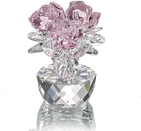 QFkris Pink Crystal Rose Bouquet | Elegant Glass Flower Figurine for Home Decor - 2.8" Ornament for Women