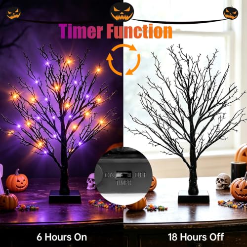 Orange Purple 2-Pack 24-Inch Black Halloween Trees with LED Lights & Timer