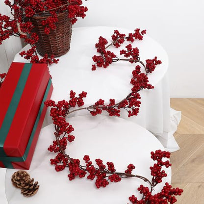 Large Red Berry Garland - 2 Pack, 56 Inch Artificial Christmas Decor for Fireplace & Mantel