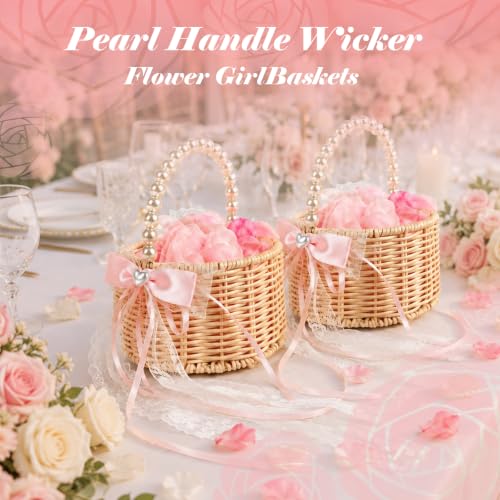 Flower Girl Basket Set with Pearl Handle & 600 Petals for Wedding Decor