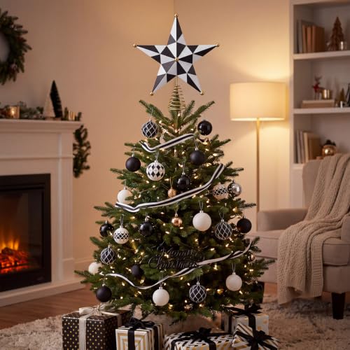 9-Inch Black and White Checkered Metal Christmas Tree Topper Star