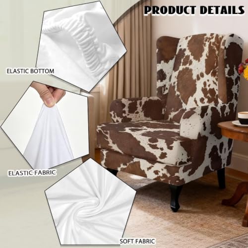 Stretch Wing Chair Slipcover Brown Cow Print 2 Piece Protect & Decor