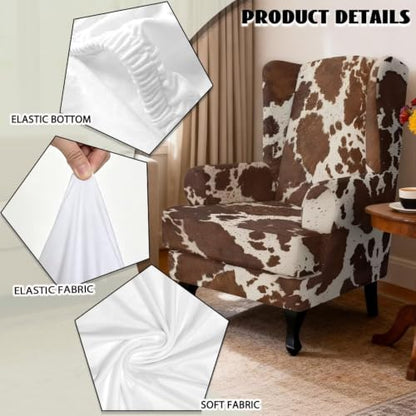 Stretch Wing Chair Slipcover Brown Cow Print 2 Piece Protect & Decor
