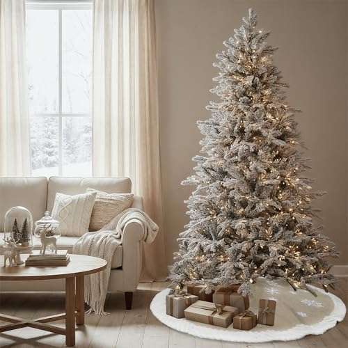 60 Inch Christmas Tree Skirt Burlap with Fur Border Snowflake - Large Holiday Decor