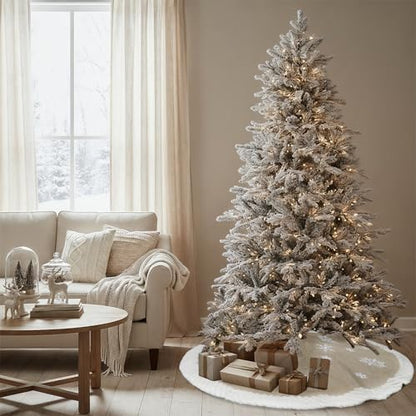 60 Inch Christmas Tree Skirt Burlap with Fur Border Snowflake - Large Holiday Decor