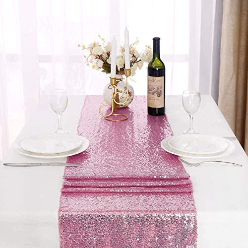 Pink Sequin Table Runner 2 Pack - 12x108 Inch Glitter Fabric for Weddings & Parties