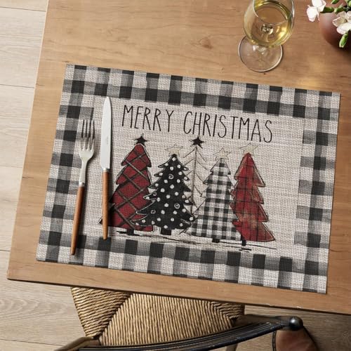 Christmas Trees Vinyl Placemats Set of 6 - 12x18 Inch Rectangular Black Winter Table Mats