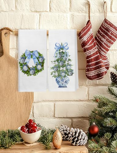 Christmas Tree Wreath Kitchen Towels - Chinoiserie Blue Bow - 16x24 Inch Set of 2 - Variation 18