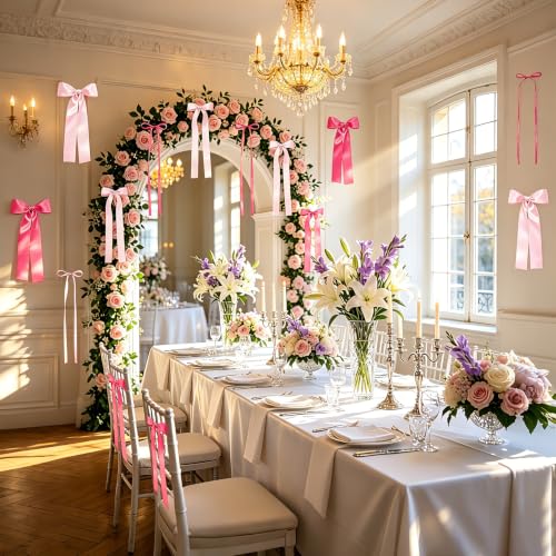 Pink Bow Birthday Decorations 40Pcs Satin Ribbon Bows DIY Wall Backdrop for Girls Princess Party