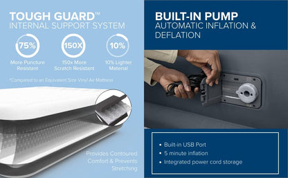 SleepLux Queen Air Mattress | Supersoft Snugable Top, Extra Durable Tough Guard with Built-in Pillow | Raised 22" Airbed with Built in Pump + USB Charger, Grey (69093E)