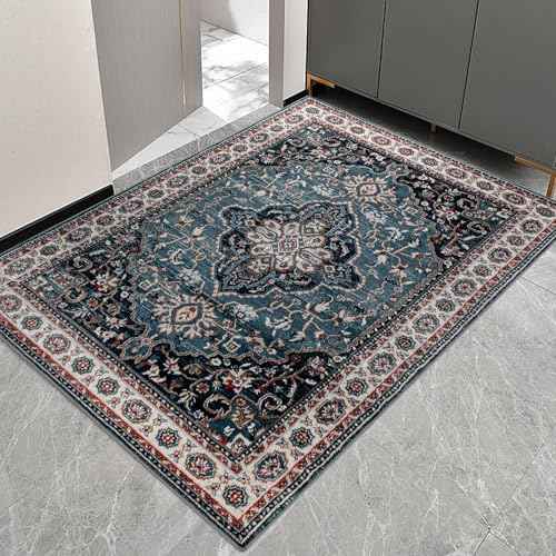 Easy-Going Area Rug 3x5 Entryway Rug Washable Inside Door Mats for Home Entrance Non-Slip Vintage Retro Small Rugs for Entry Living Room Bedroom Kitchen Bathroom Office Lightweight Carpet, Teal Brick
