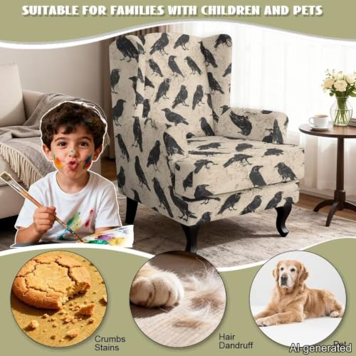 Raven Crow Wingback Chair Cover 2-Piece Stretchable Slipcover for Armchair - Fipuivrn