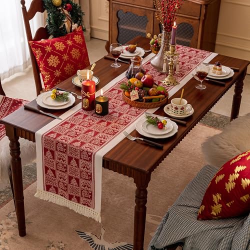 Christmas Table Runner 95 Inches with Tassel Fringe - Red Sds 14x95