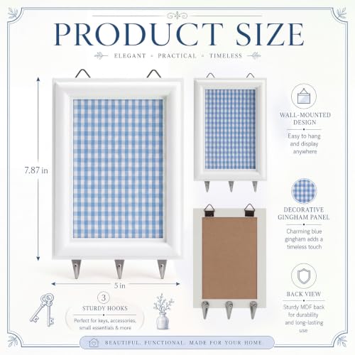 Stylish Farmhouse Rustic Key Holder Wall Decor with Photo Frame - Blue Gingham