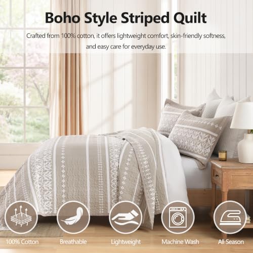 Boho King Quilt Set 100% Cotton Bedding with Pillow Shams - Beige