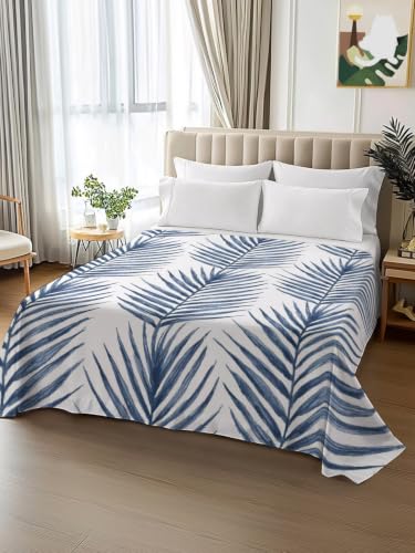 King Size Flat Sheet Navy Blue with Palm Leaves - 105x98 Microfiber Bedding