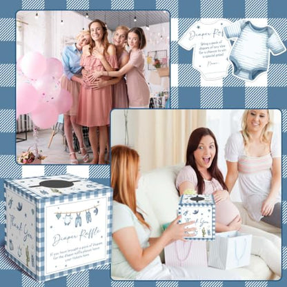 Blue Jean Baby Shower Decorations with Diaper Raffle Box & 50 Cards - Blue