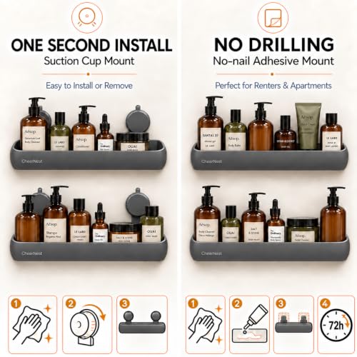 Dark Gray Shower Caddy Set - Suction Cup & Adhesive Bathroom Organizer 2 Pack