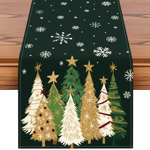 Snowflakes and Christmas Tree Table Runner - Green, 13x90 Inch Holiday Decor