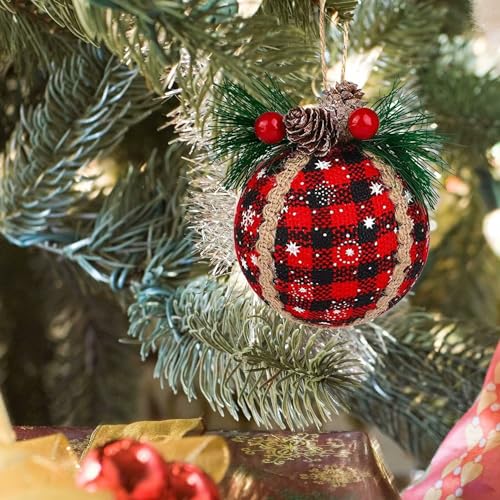 9 Pcs Black and Red Plaid Fabric Christmas Tree Ornaments - Holiday Decor