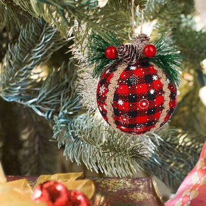 9 Pcs Black and Red Plaid Fabric Christmas Tree Ornaments - Holiday Decor