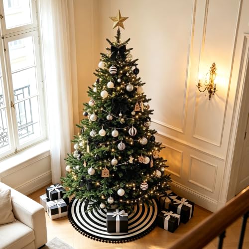 Black and White Christmas Tree Skirt 36 Inch Holiday Decor with Pom-Pom Trim - Halloween & Xmas