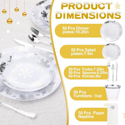 Silver Snowflake Disposable Tableware Set for Holiday Party - 350 Pcs