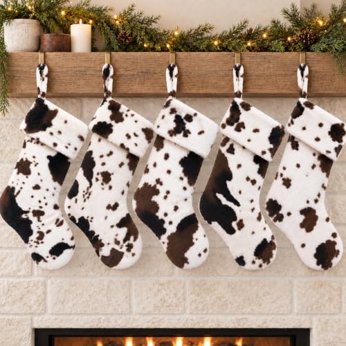 Cow Print Christmas Stockings Set of 5 - Faux Fur Farmhouse Holiday Decor - 20 Inch