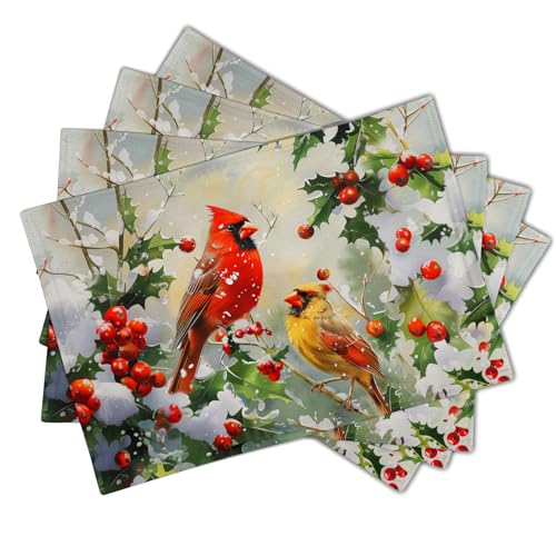 Winter Birds Berry Christmas Placemats Set of 4, 12x18 Inch Linen Holiday Decor