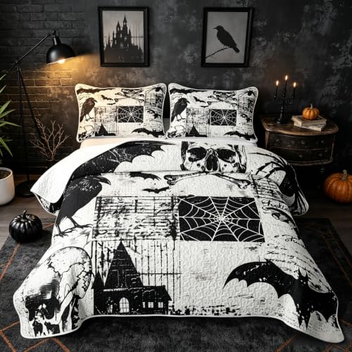 Ash & Ink Gothic Skull Quilt Set for All Seasons King Size Bedding - Halloween Decor