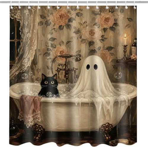 Halloween Shower Curtain Black Cat Ghost Bathroom Decor 71x71in